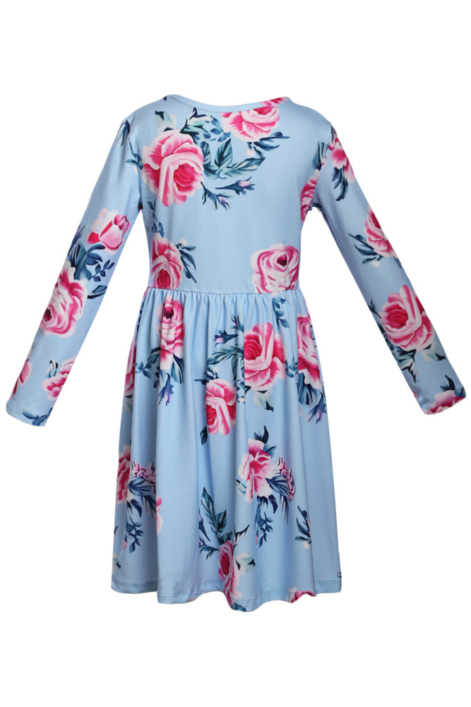 Floral Light Blue Swing Dress with Hidden Pockets