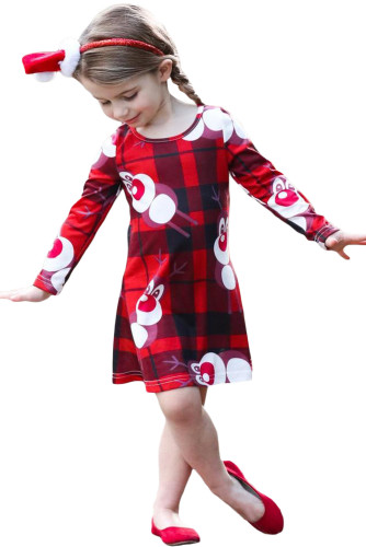 Cartoon Reindeer Plaid Printed Girls Christmas Dress