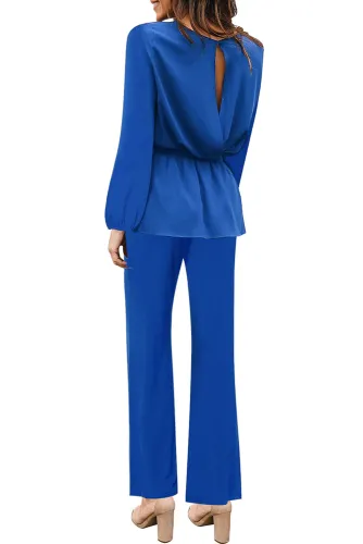 Navy Tie Waist Peplum Long Sleeve Jumpsuit
