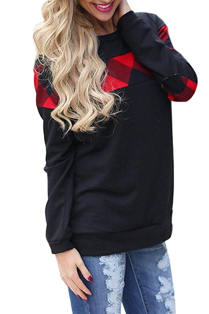 Red Color Block Plaid Shirt Crew Neck Elbow Patch Sweatshirt