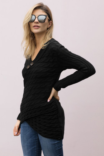 Black Buttoned Sweetheart Neck Cable Knit Sweater