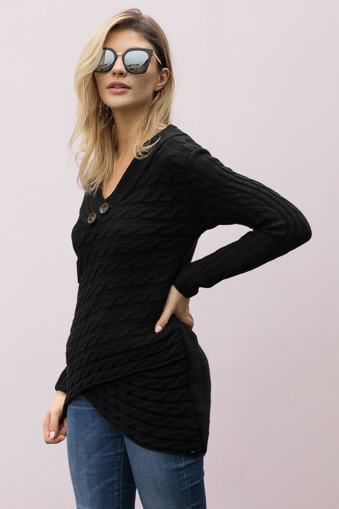 Black Buttoned Sweetheart Neck Cable Knit Sweater