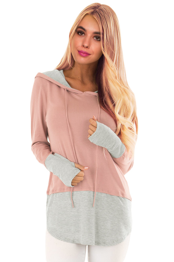 Pinstriped Patchwork Salmon Pink Thumbhole Sleeved Hoo