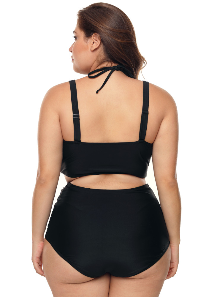 Black Plus Size Halter Push up Lattice Mesh Swim Bikini