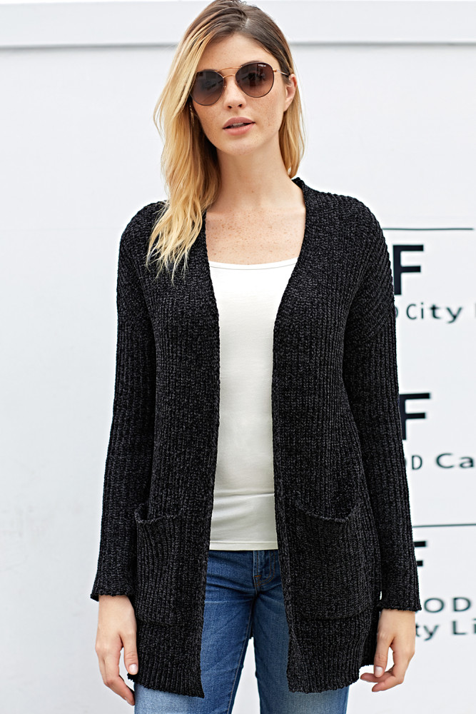Black Long Sleeved Sweater Cardigan with Pockets
