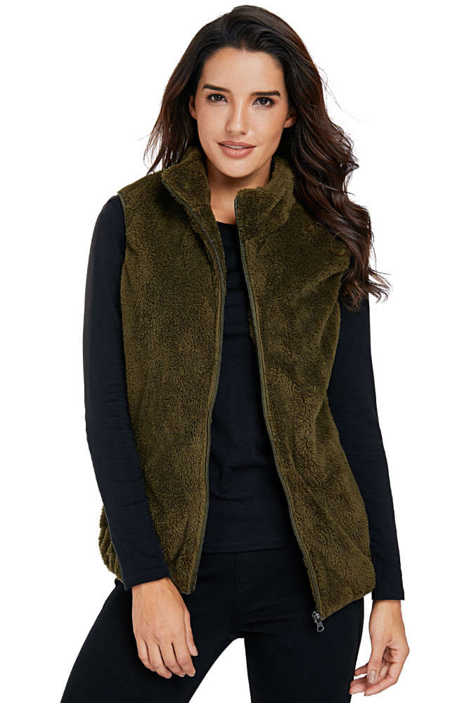 Olive Green Furry High Neck Vest Jacket