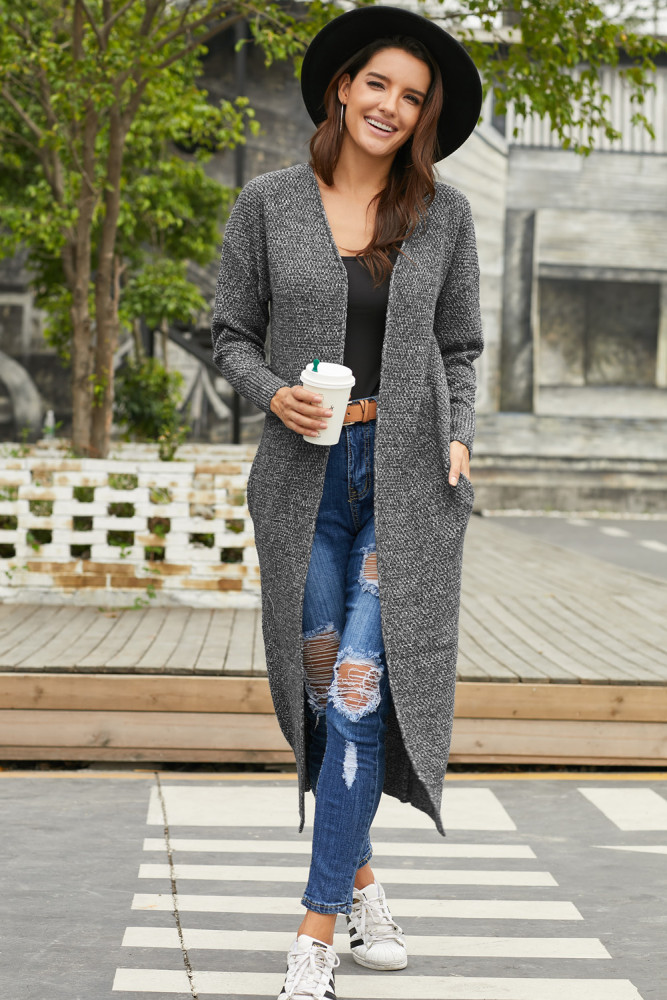 Gray Open Front Knit Long Cardigan