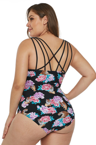 Black Tiger Floral Push-Up Plus Size One-Piece Swimsuit