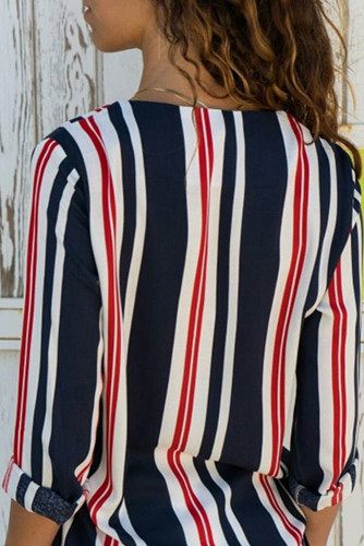 Red Accent Stripe Long Sleeve V Neck Shirt