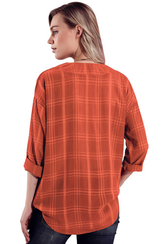 Burnt Orange Crepe Plaid Notched Neckline Blouse