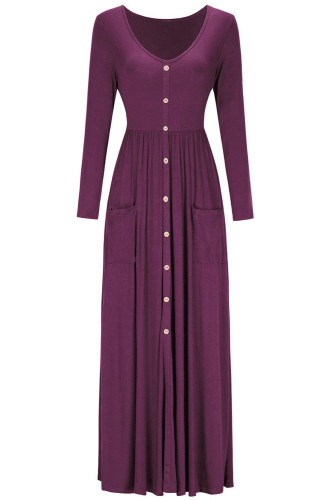 Burgundy Button Front Pocket Style Casual Long Dress