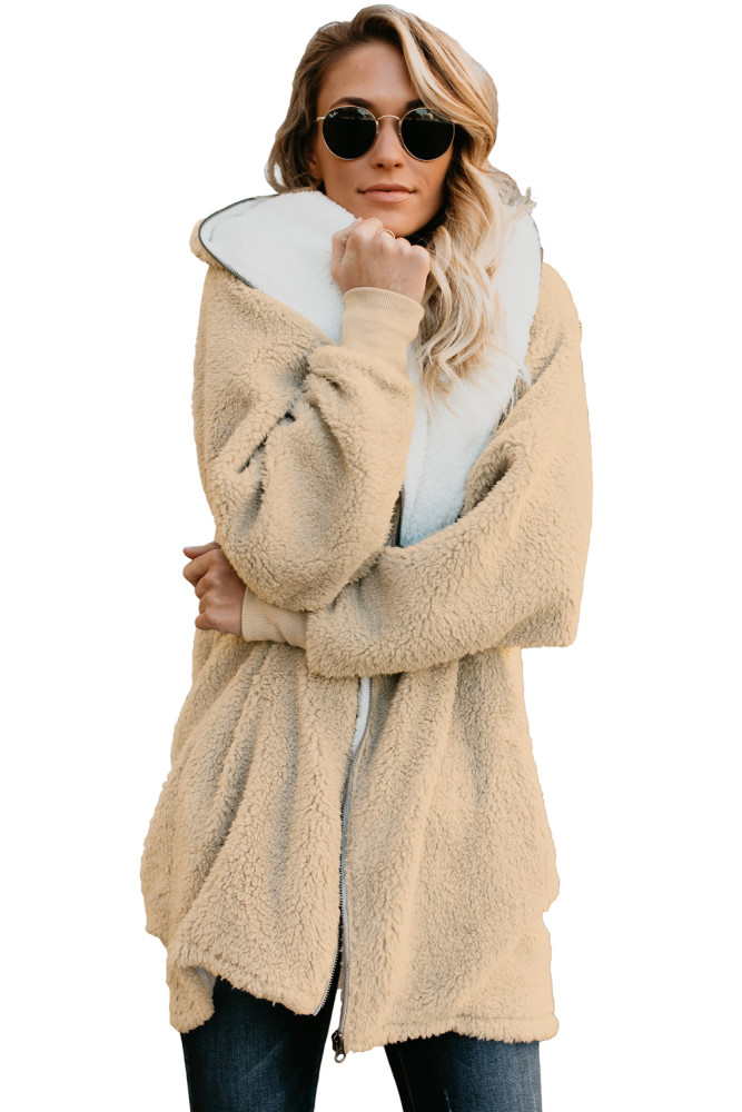Apricot Zip Down Hooded Fluffy Coat