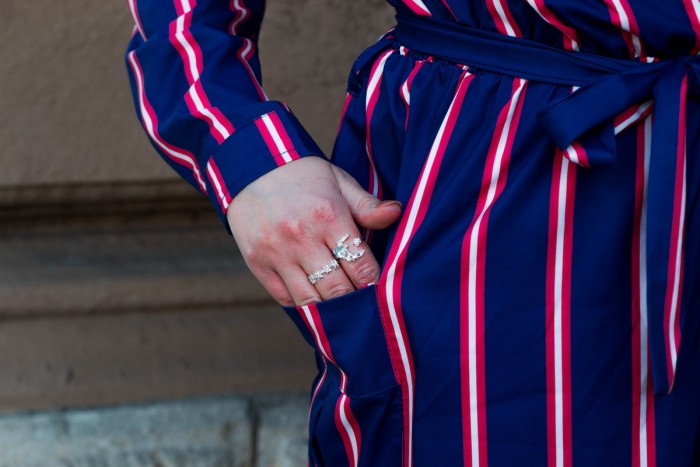 Navy Blue Multi Striped Shirt Dress with Tie