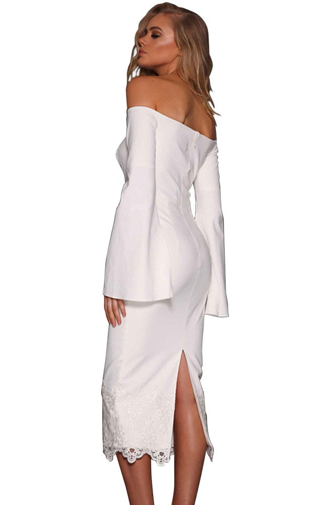 White Split Bell Sleeve Off Shoulder Midi Dress