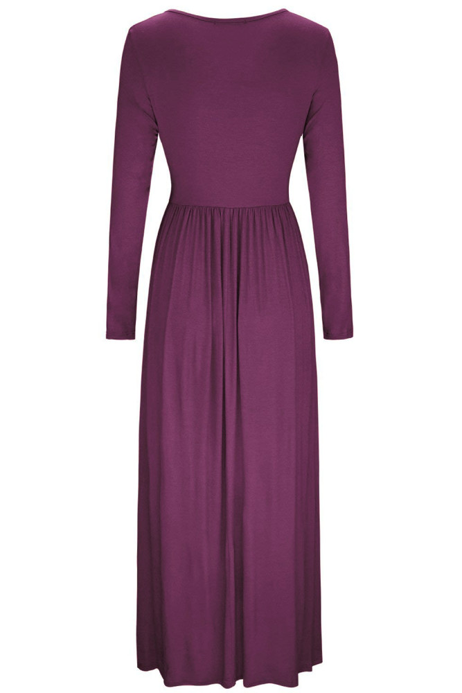 Burgundy Button Front Pocket Style Casual Long Dress