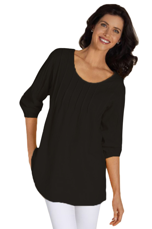 Black Pintuck Quarter Sleeved Tunic Top