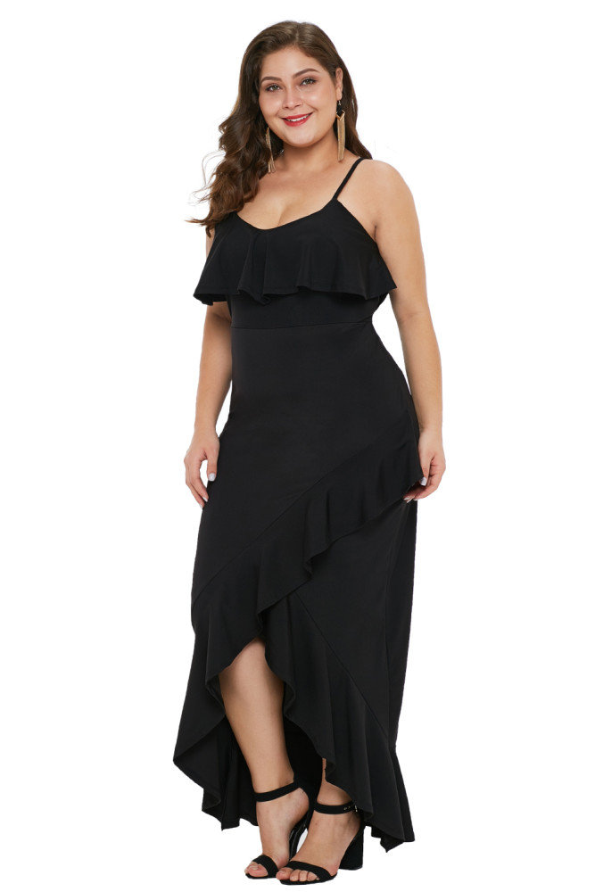Black Plus Size Ruffle Trim Spaghetti Straps Maxi Dress