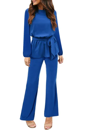 Navy Tie Waist Peplum Long Sleeve Jumpsuit