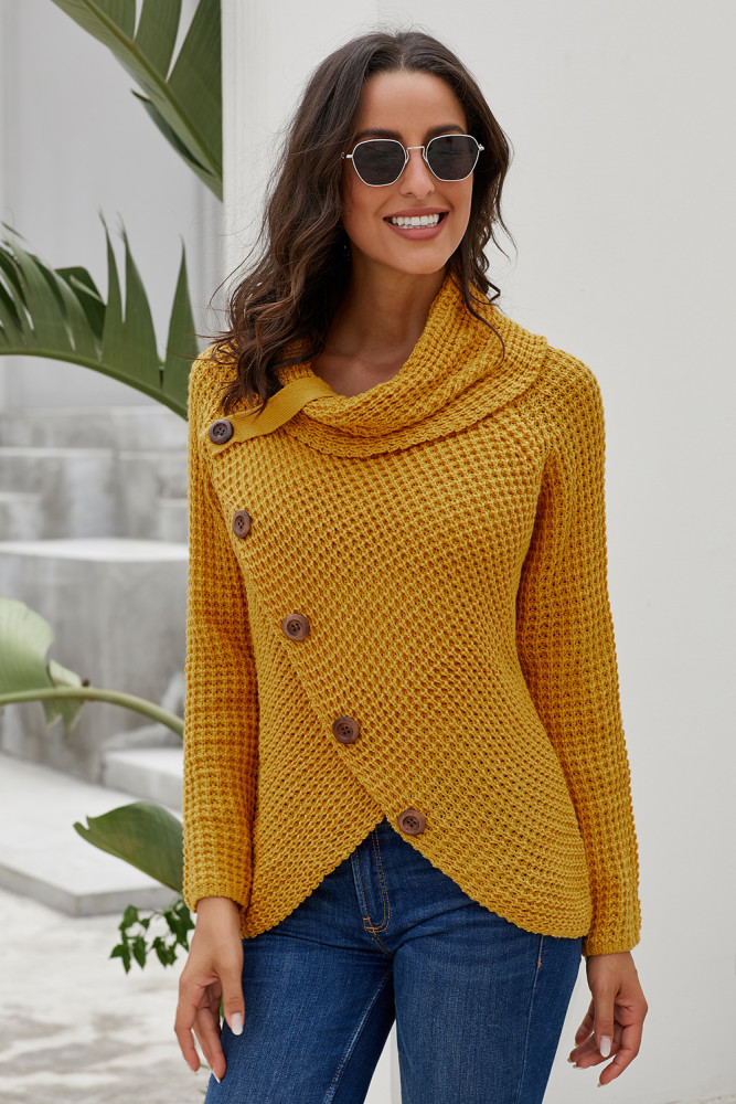 Mustard Buttoned Wrap Turtleneck Sweater