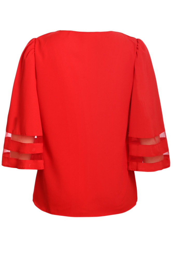 Red Flare Sleeve V Neck Loose Blouse