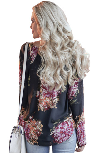 Black Hydrangea Print Tassel Tie V Neck Blouse