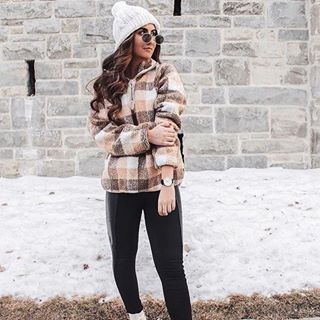 Khaki Plaid Zip Neck Furry Sweatshirt