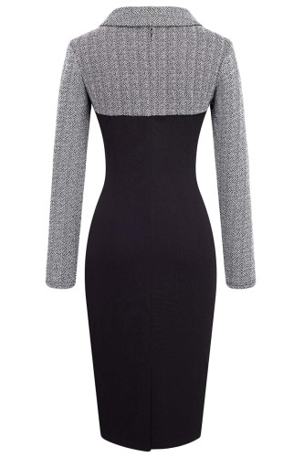 Gray Vintage Turn-Down Collar Pinup Button Midi Dress