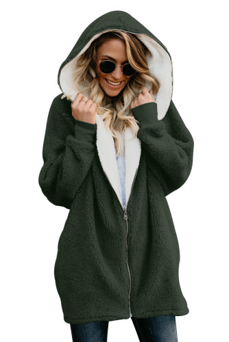 Dark Green Zip Down Hooded Fluffy Coat