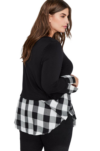 Black Plaid Splice Long Sleeve Plus Size Top