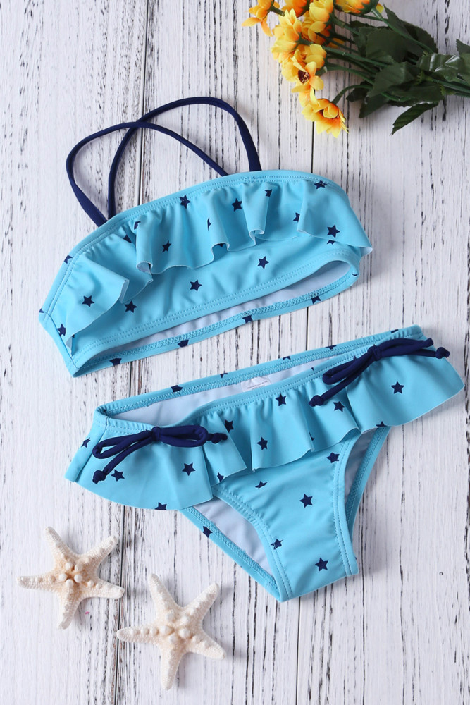 Little Stars Print Turquoise Little Girls Bikini