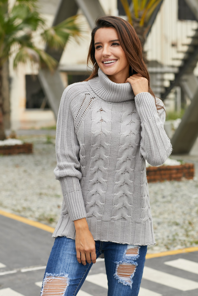 Gray Turtle Neck Long Tail Cable Sweater