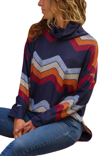 Blue Red Zigzag Striped Cowl Neck Top