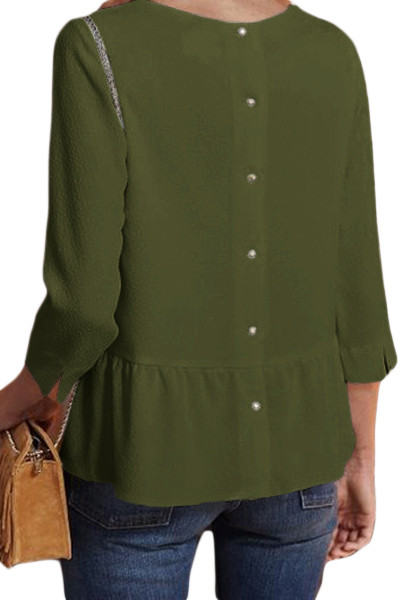 Army Green Button Back Lapel V Neck Blouse