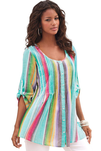 Rainbow Pleated Stripe Button Front Tunic