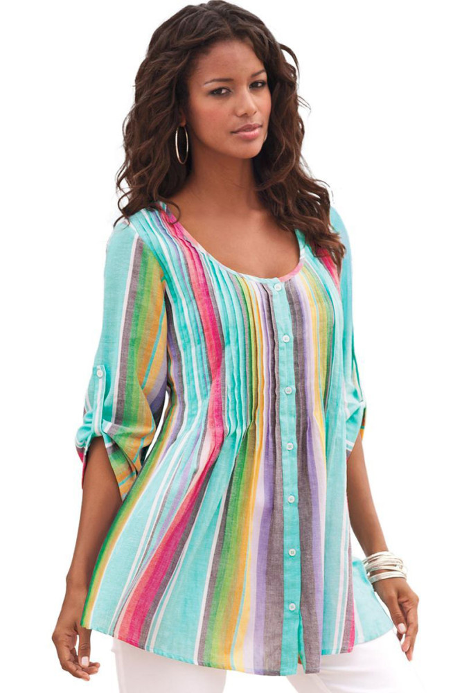 Rainbow Pleated Stripe Button Front Tunic