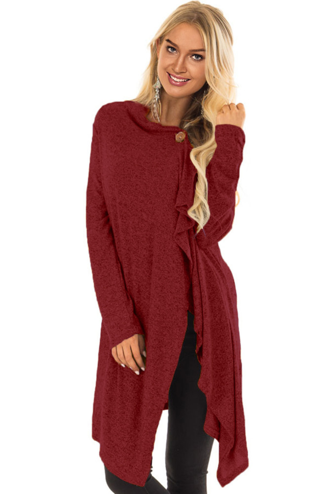 Burgundy Draped Open Front Asymmetrical Cardigan