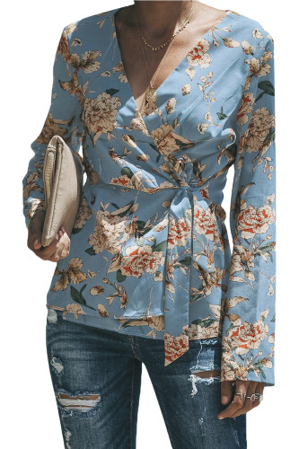 Blue Sage Daisy Floral Wrap Tie Waist Long Sleeve Blouse