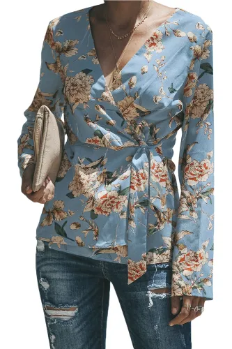 Blue Sage Daisy Floral Wrap Tie Waist Long Sleeve Blouse