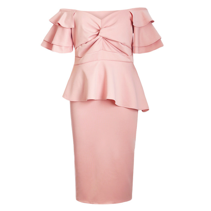 Pink Plus Size Tiered Sleeve Twisted Peplum Dress