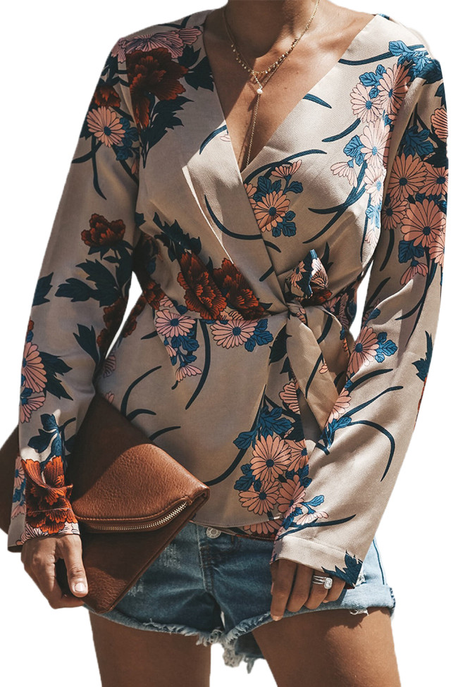 Apricot Ginger Lily Floral Wrap Tie Waist Long Sleeve Blouse