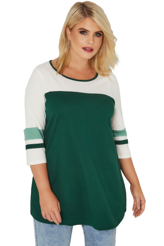 Green White Color Block Quarter Sleeved Plus Size Top