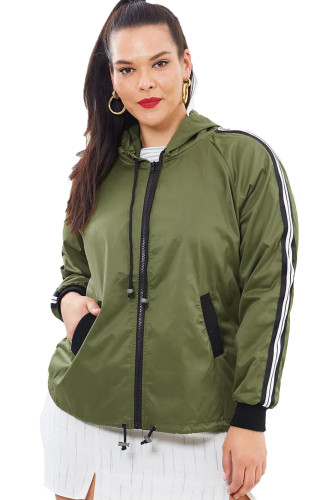 Army Green Striped Sleeve Hooded Parker Jacket