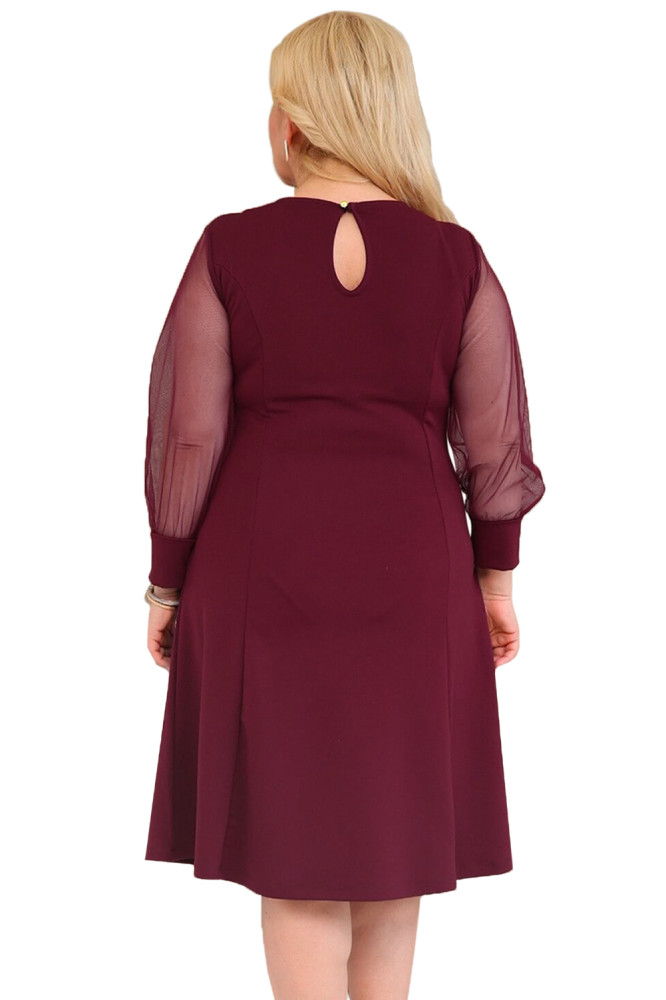 Burgundy Sequined Round Neck Plus Size A-line Dress
