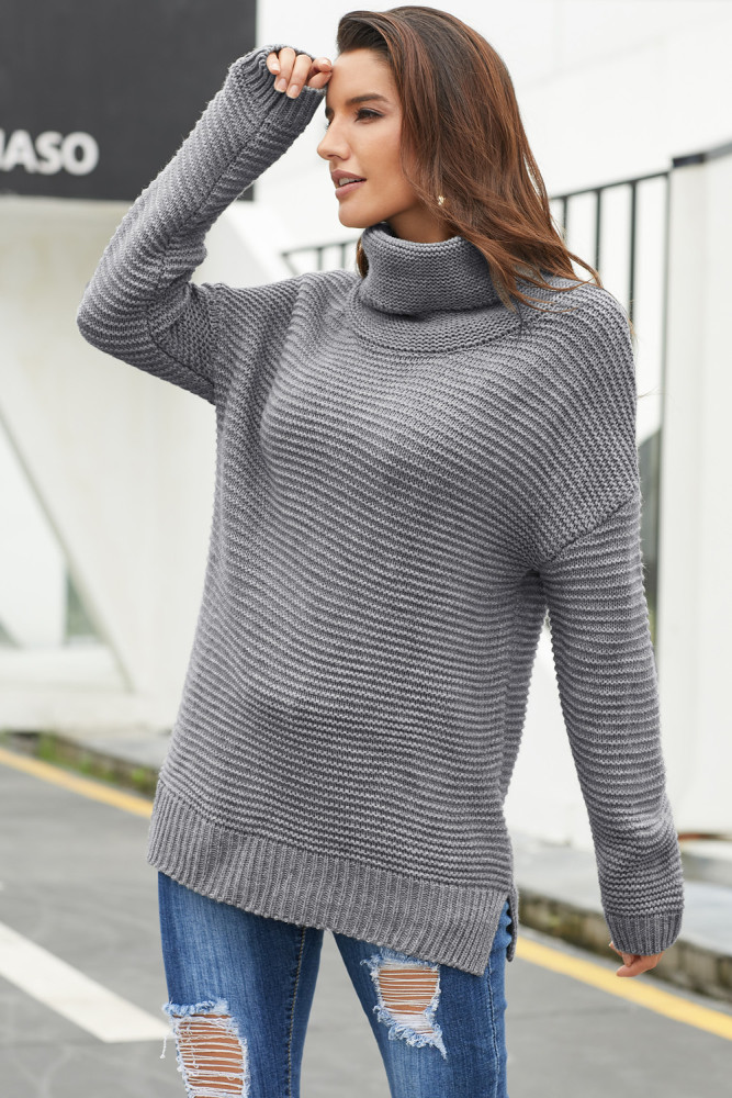 Gray Cozy Long Sleeves Turtleneck Sweater