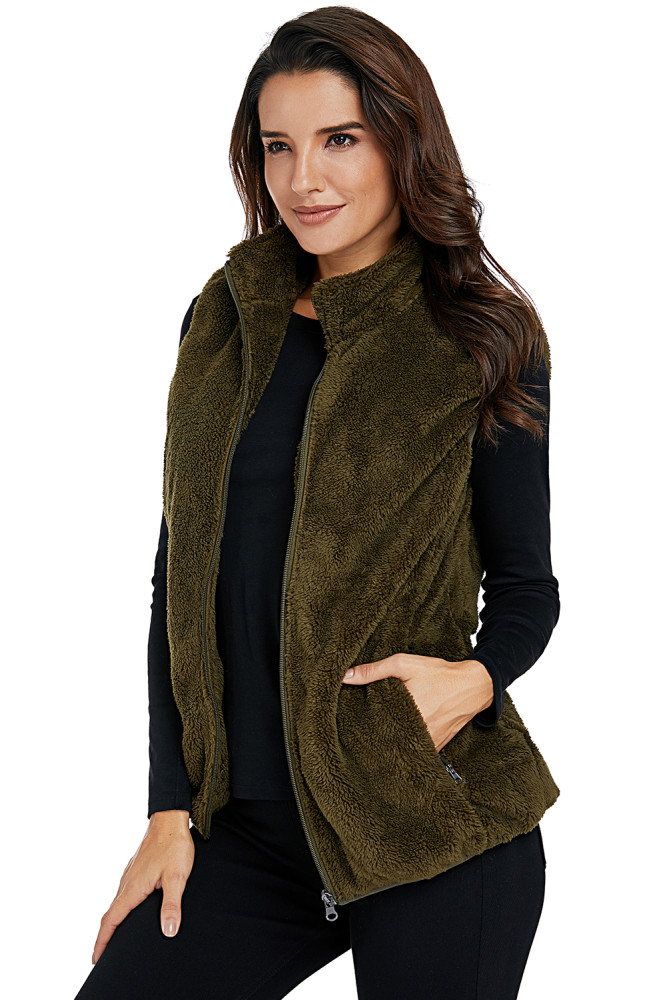 Olive Green Furry High Neck Vest Jacket