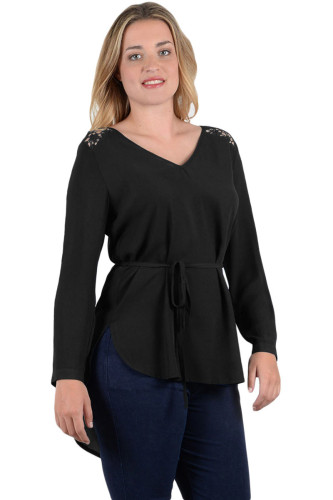 Black Lace Embellished Long Tail Plus Size Top