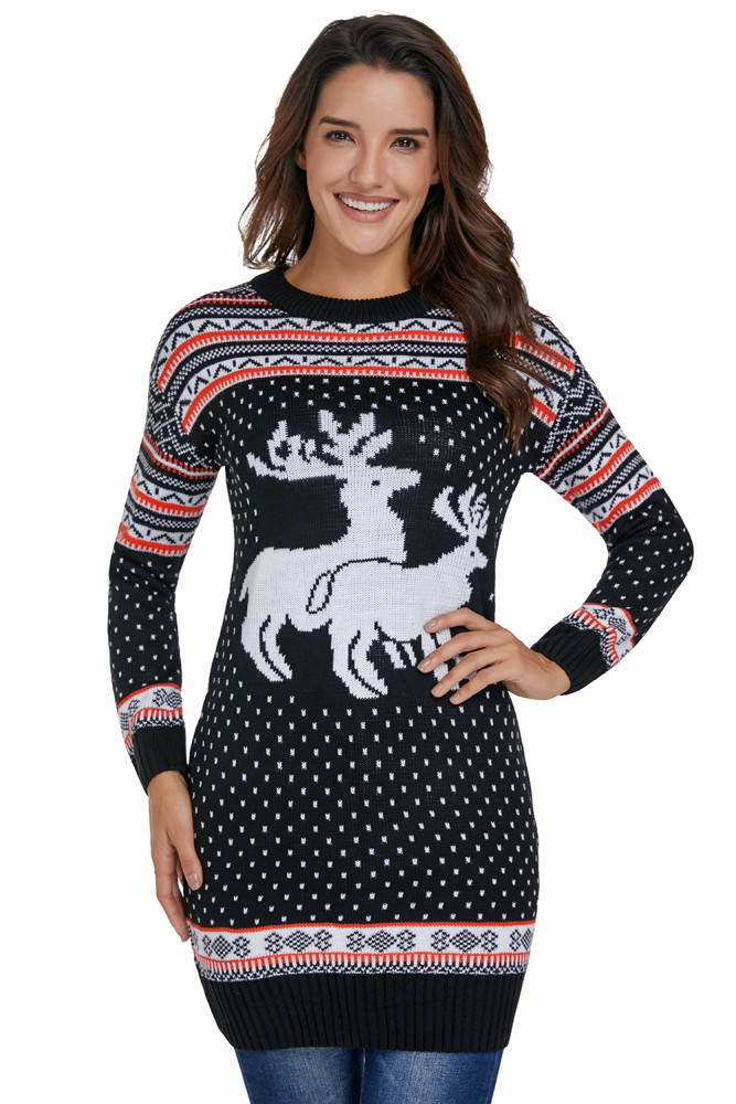 Snow Land Reindeer Knit Black Christmas Sweater