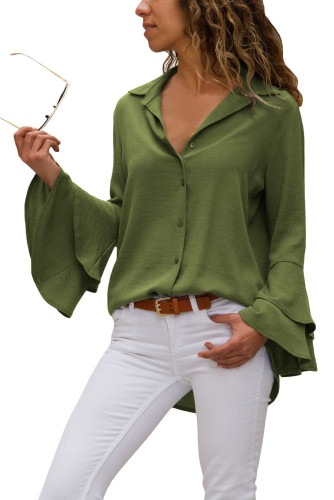 Army Green Layered Bell Sleeve Button Down Shirt