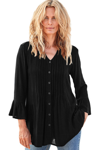 Black Flounce Crinkle Button Down Tunic Top