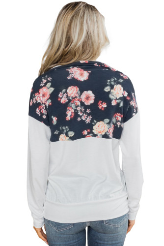 Floral Splice White Kangaroo Pocket Zip Collar Sweatshirt